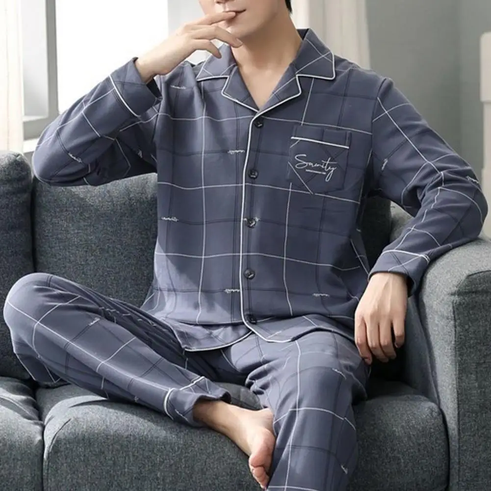 

2Pcs/Set Men Pajama Set Plaid Print Lapel Long Sleeve Single Breasted Shirt Tops Elastic Waist Long Pants Set Loungewear