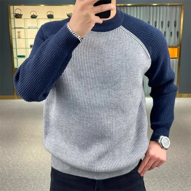 

Autumn and winter men's casual round neck knitted sweater thick Korean youth style color block fashionable loose pullover