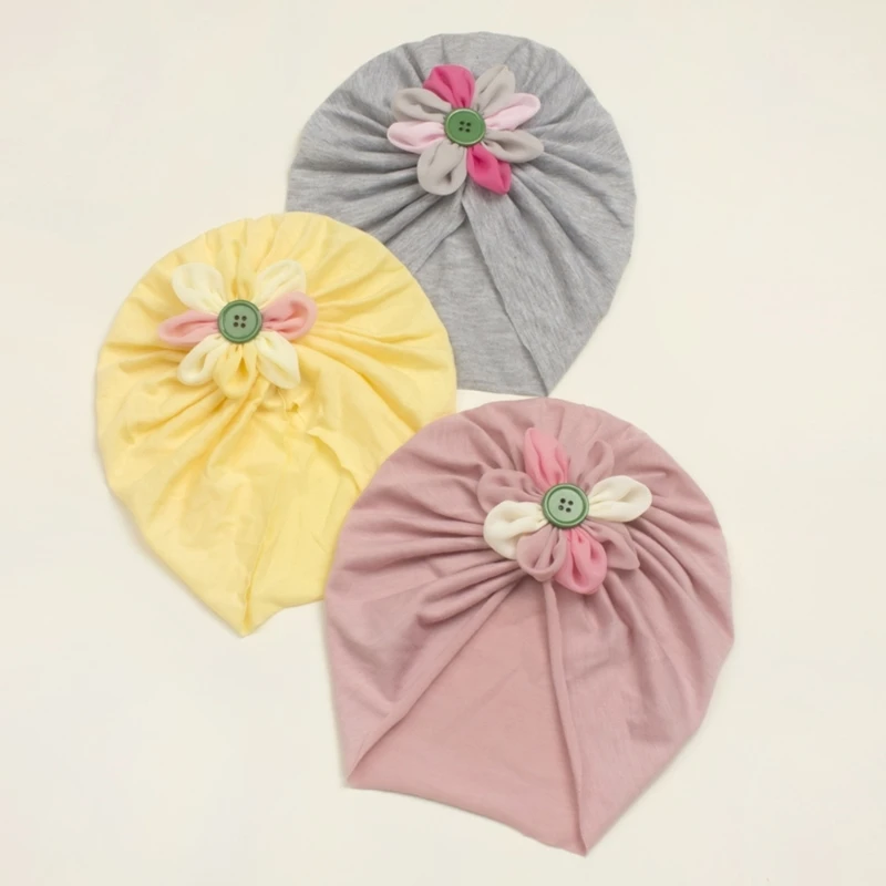 Headwraps with Flower Detail Solid Color Turban Caps for Infants & Toddlers Gift D5QA