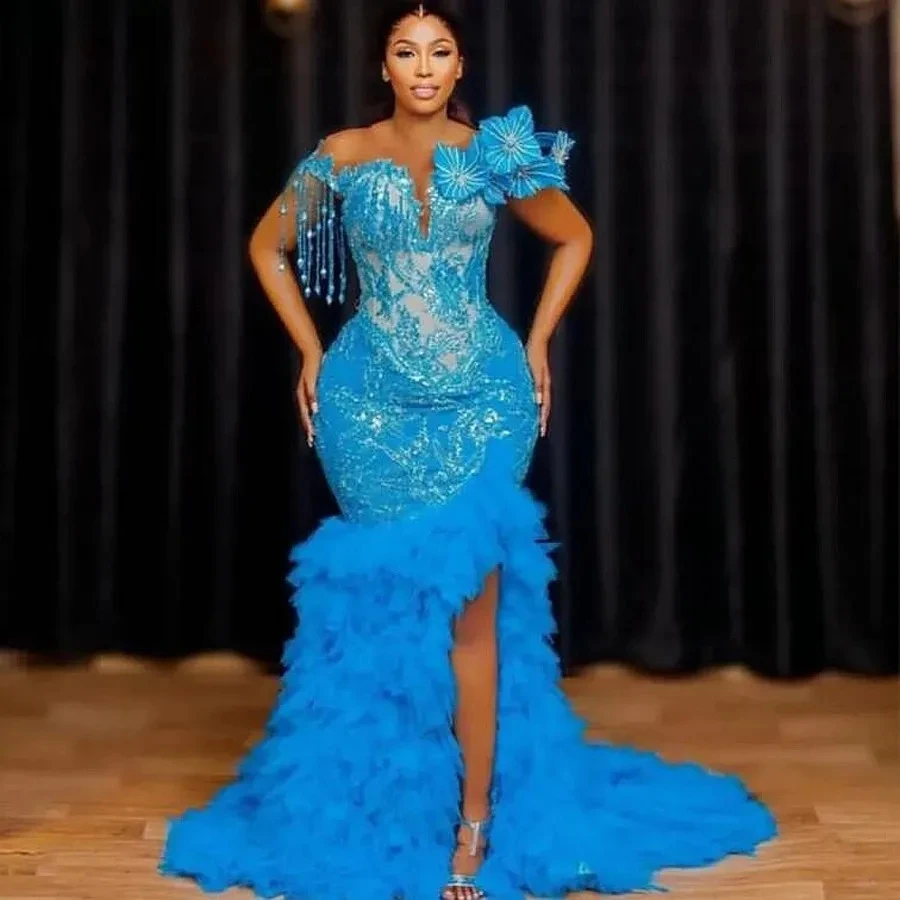 Evening Dress For African Women Tassels Beads Side Split Prom Dress Blue Plus Size Puffy Tiered Bottom Aso Ebi Celebrity Gowns