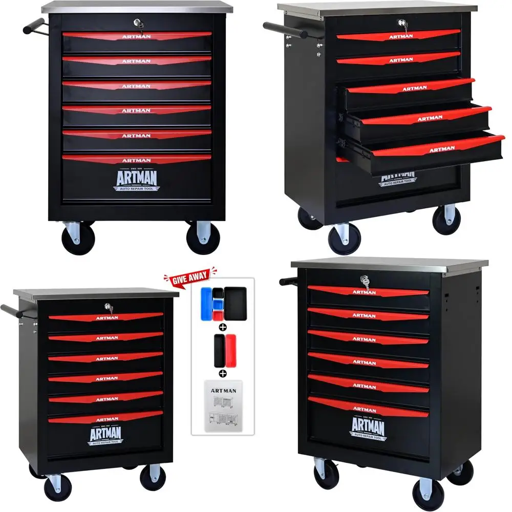 

Mobile Rolling Tool Chest with 6 Drawers, Black and Red, Heavy Duty Storage Workbench on Wheels for Professional Use