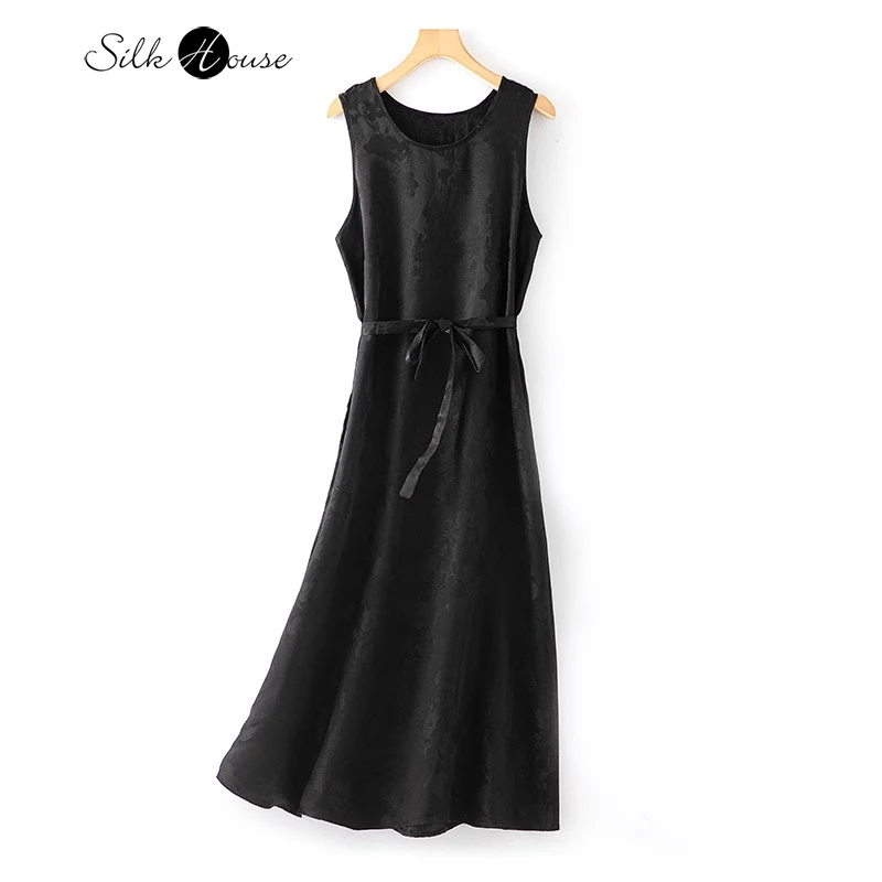 Women's Summer New 100% Natural Mulberry Silk Jacquard HuaLuo Casual Sleeveless Simple Black Tank Top Dress