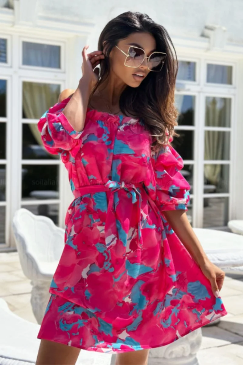 Tropical Leaf Print Off The Shoulder Ruffled Short Sleeve Mini Dress With Waist Tie For Beach Vacations Summer Outings And Casua