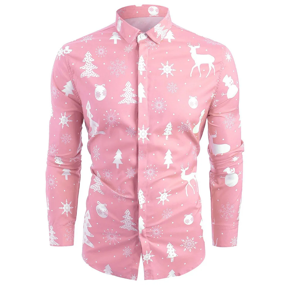 

Hot selling men's Christmas reindeer snowflake print shirt for autumn and winter parties, comfortable long sleeved lapel shirt