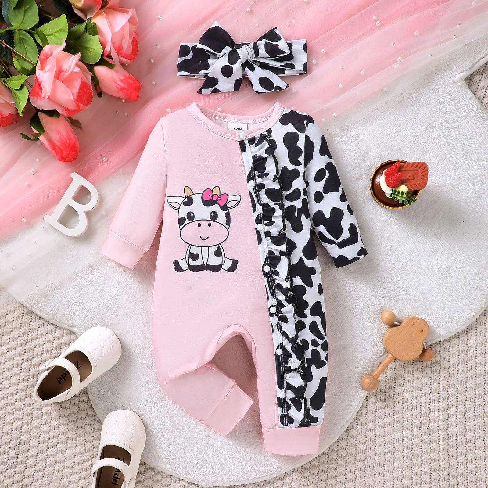 Newborn Baby Girl Jumpsuit Cartoon Small Milk Cow Ruffle Jumpsuit+Headband Suitable 0-18 Month Cute Baby Girl Daily Crawl Suit