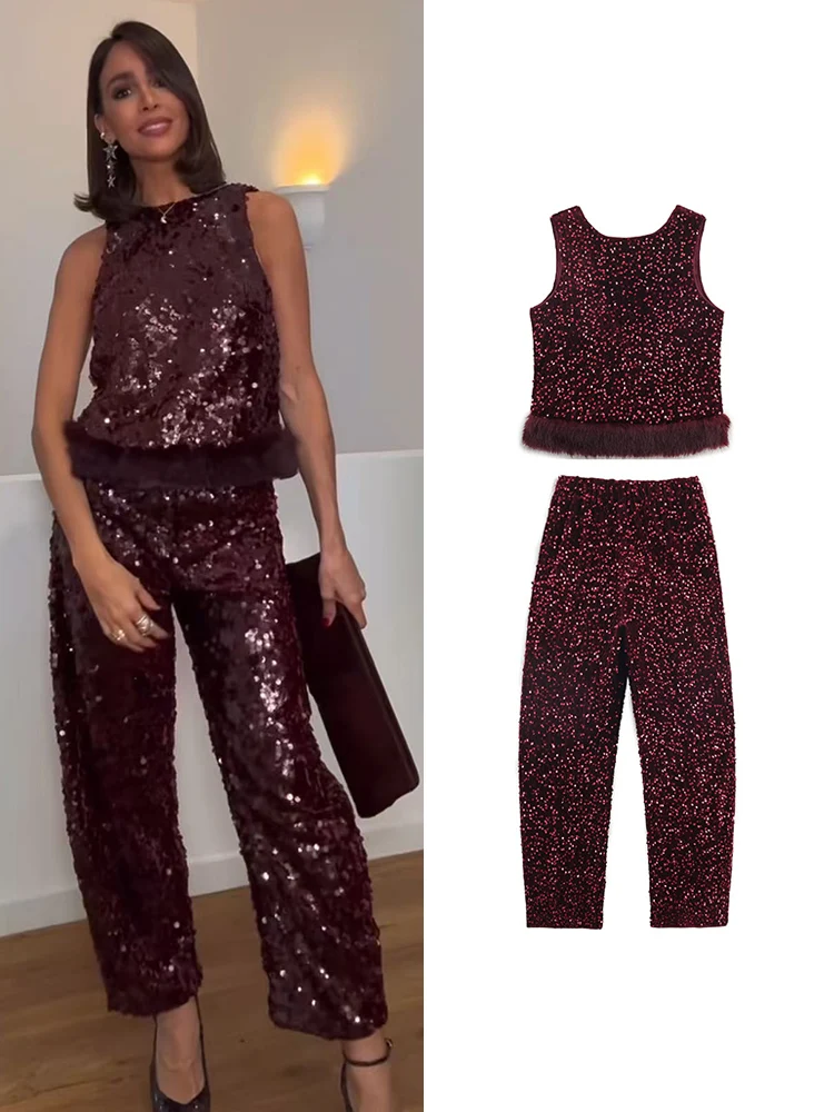 TFMLN Winter New Women Sequined Pants Set Elegant Sleeveless Backless Faux Fur Hem Top Wide Leg Pants Fashion Party Suits