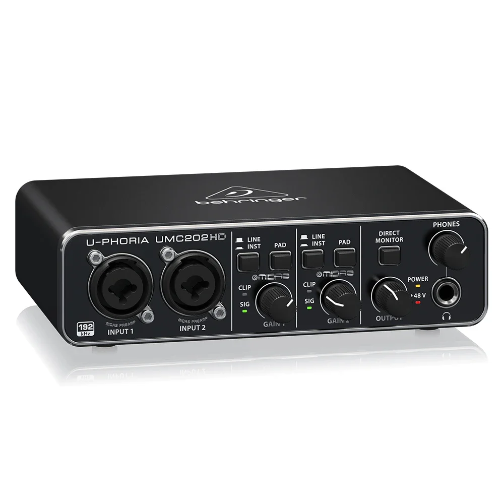 Behringer U-Phoria UMC202HD Tarjeta de sonido Interfaz de audio USB con 2 preamplificadores Midas y equipo de sonido Phantom Power Studio de 48 V