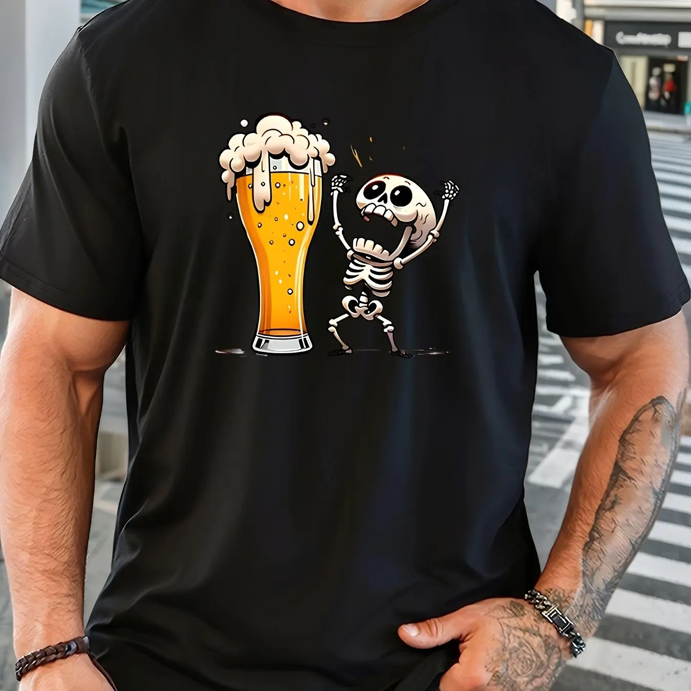Men Casual Beer-Skeleton Graphic T-Shirt Short Sleeve Round Neck Summer Style Casual Adult Clothing Men Clothing