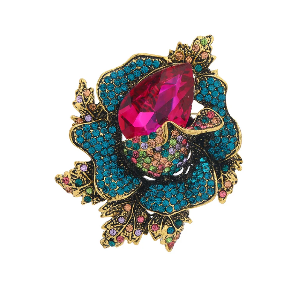 Vintage Palace Blue Diamond Rose Brooch Exquisite Full Diamond Design Luxurious Temperament Pin Suits Coats Banquet Accessories