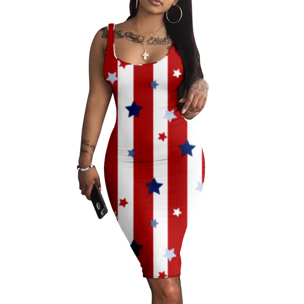 Zomervlag Print Jurk Sexy Bodycon Tankjurk Mode Vrouwen Street Y 2K Club Party Vestido O Hals Mini Jurk Basic Gewaad