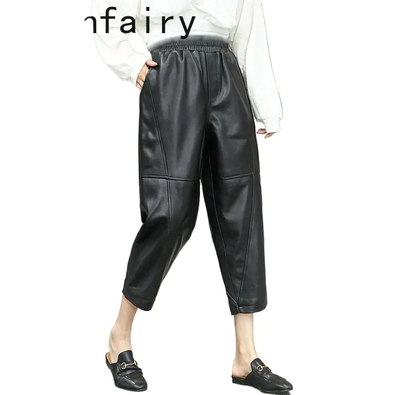 2024 Genuine Sheepskin Leather Pants Women Korean Fashion Harem Pants Women Black Pants Elastic Waist Loose Trousers Calf-length
