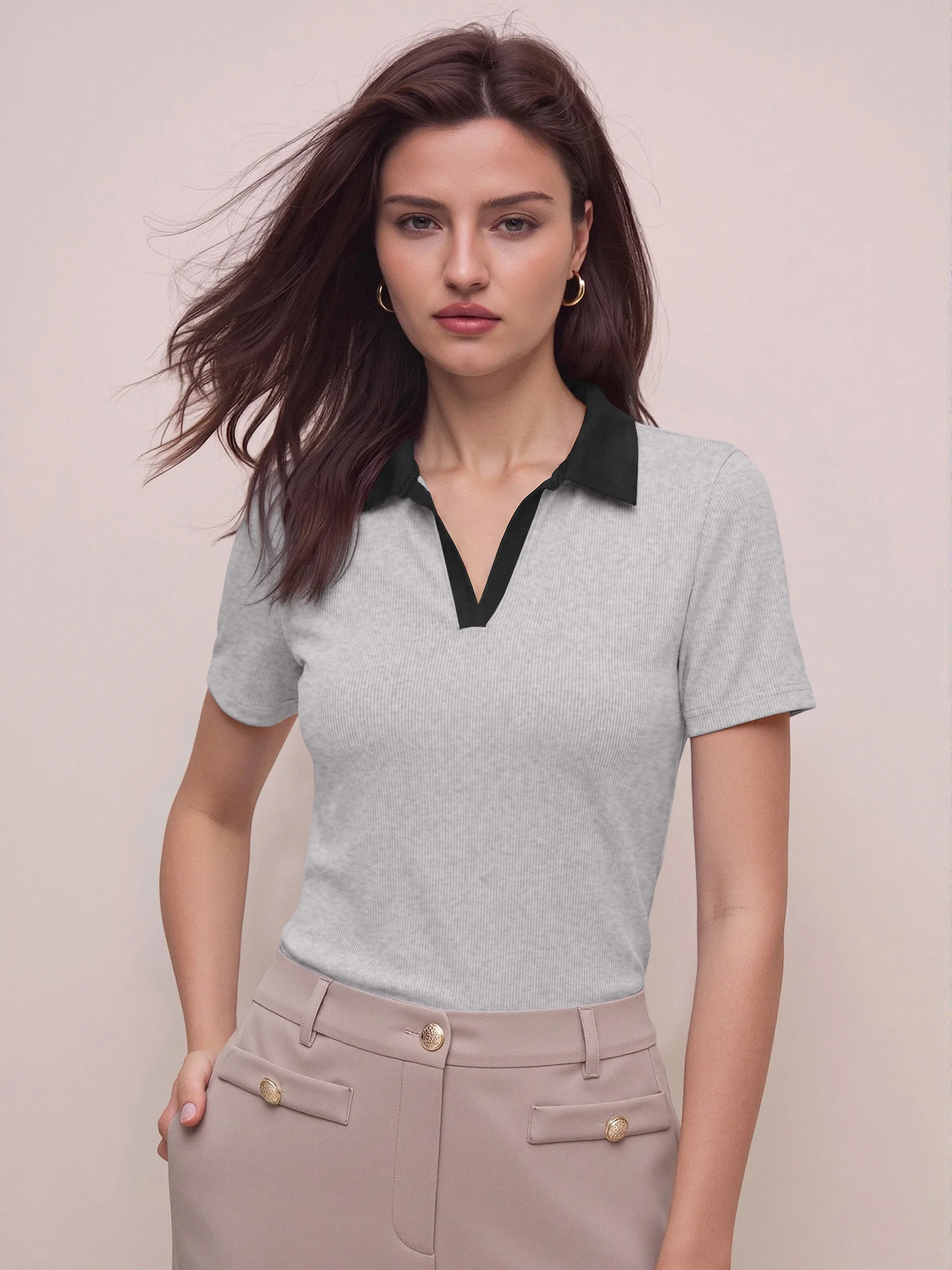 High Elastic Women Casual Top Short Sleeve Ribbed Polo Tee Color Contrast Collar V‑Neck Slim Knit Tee Soft Summer Outfits