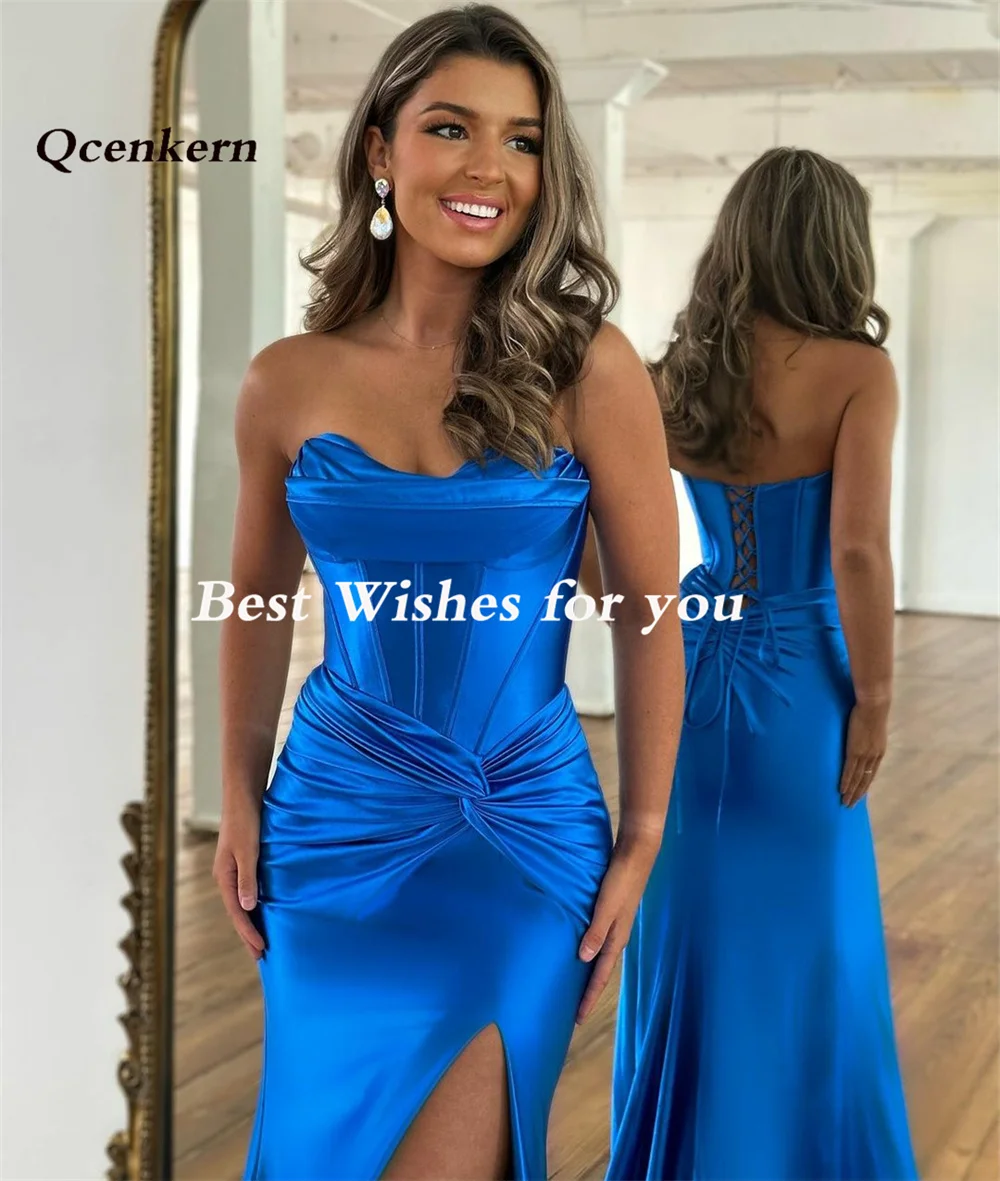 Qcenkern Long Blue Sweetheart Prom Dresses Mermaid Pleated Sweep Train Evening Dresses robe de soirée de mariage فساتين السهرة