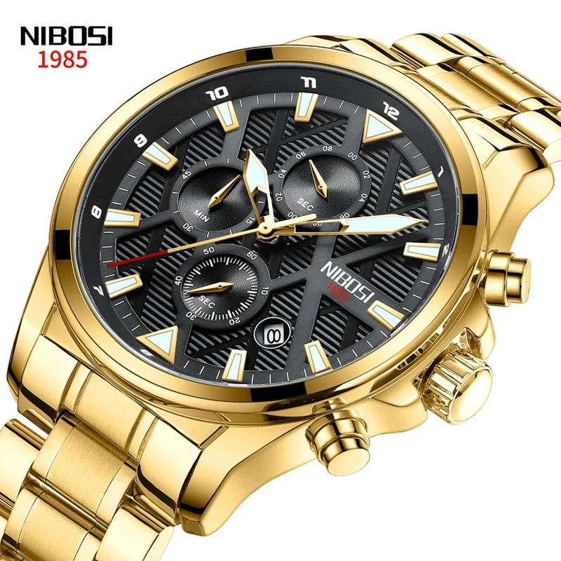 

NIBOSI Multifunctional Quartz Watch For Men Luxury Gold Strap 30M Waterproof Clock Sports Chronograph Stopwatch Reloj Hombre