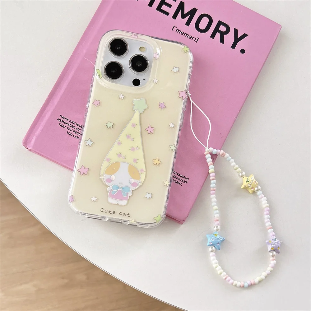 

Korean INS cute Stars Cat phone case for iPhone 13 14 15 16 Pro Max Fundas with chain Luxury Stylish protective cover For 15 pro