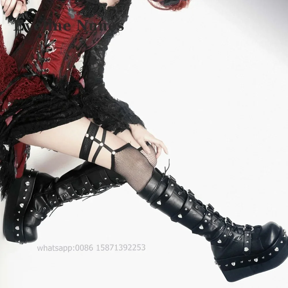 Heart-Shaped Rhinestone Platform Booty Round Toe Height Increasing Cross Tied Belt Buckle Knee High Boots Zip Spicy Girl Shoes