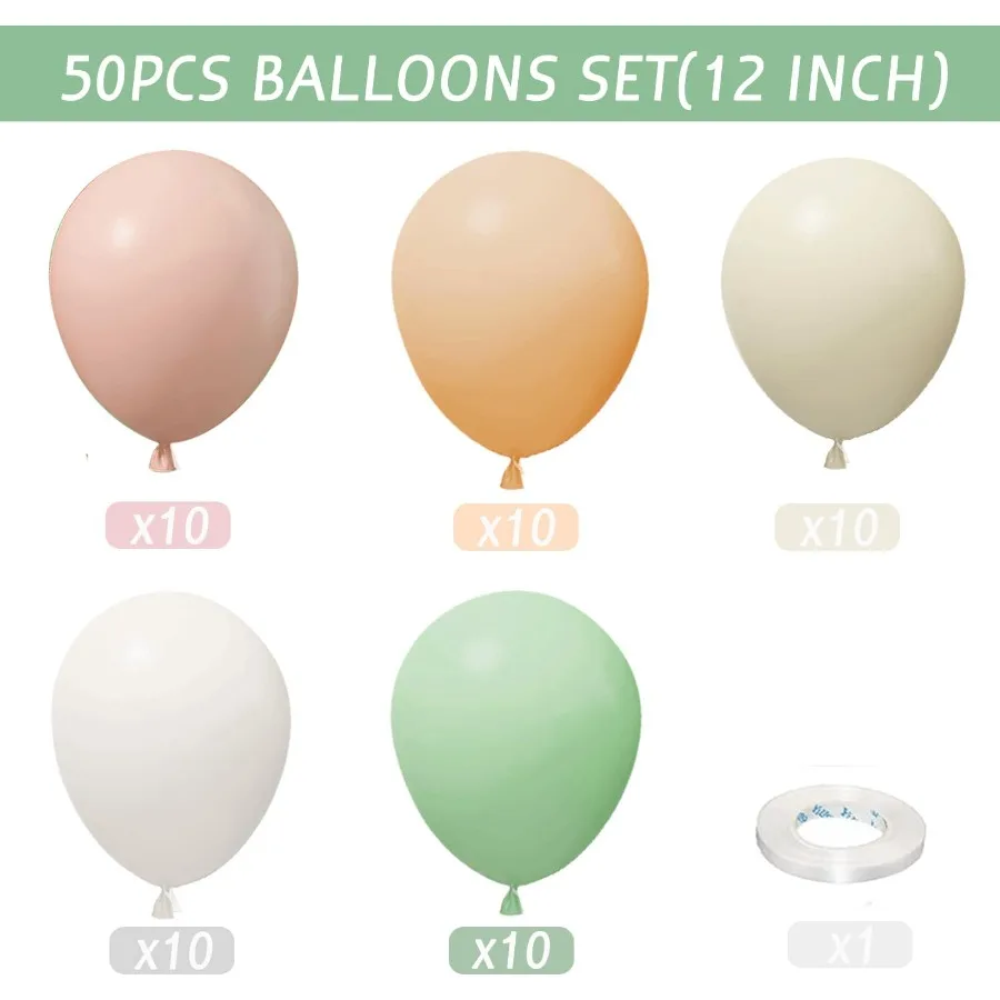 Pink and Dusty Green Balloons 50Pcs 12 Inch Brown Nude Boho White Balloons with Ribbon for Girls Women Birthday Bridal Shower W