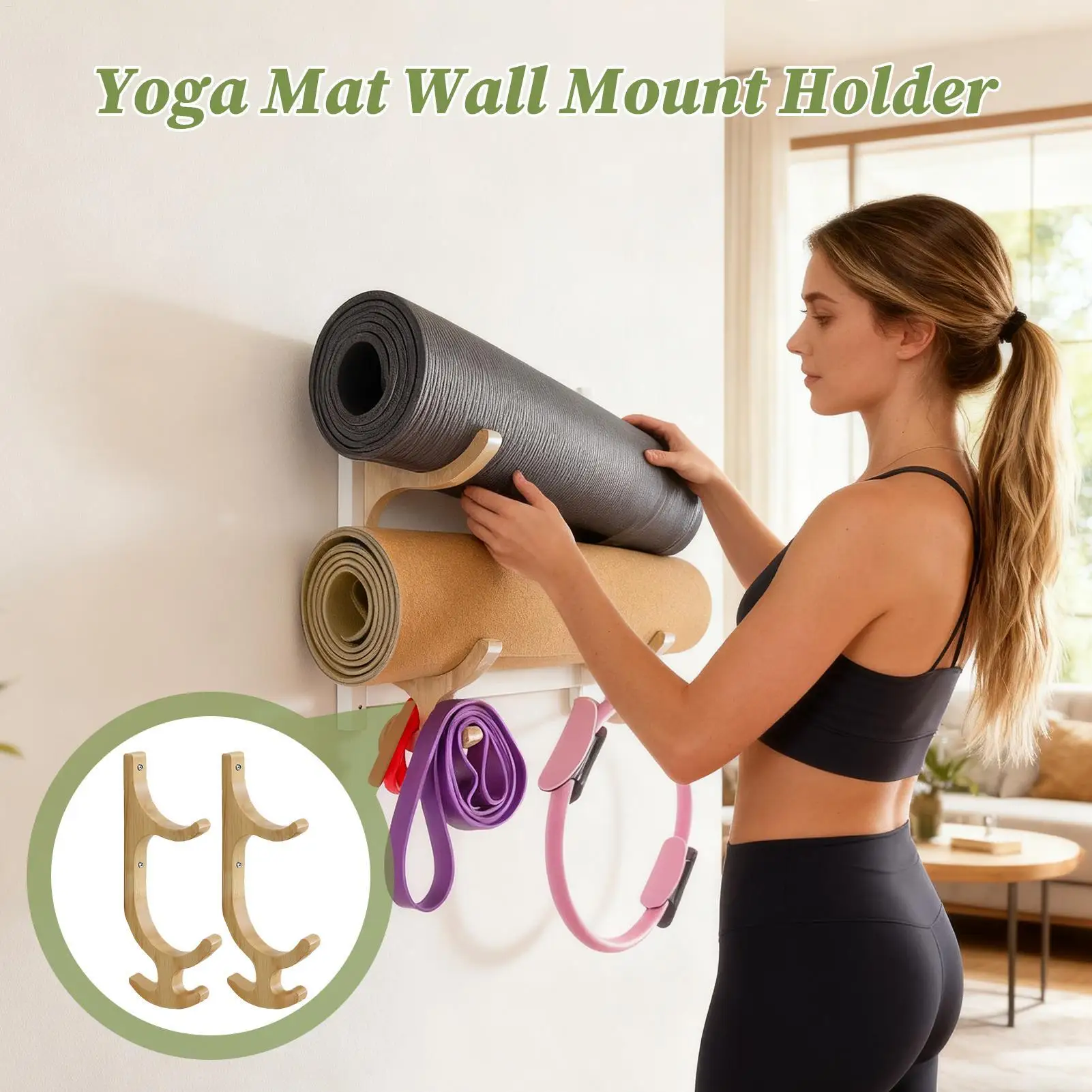 

Yoga Mat Holder Wall Mount Wooden Multifunctional with 4-Hook Wall-Mounted Yoga Mat Rack for Fitness Resistance Band Storage