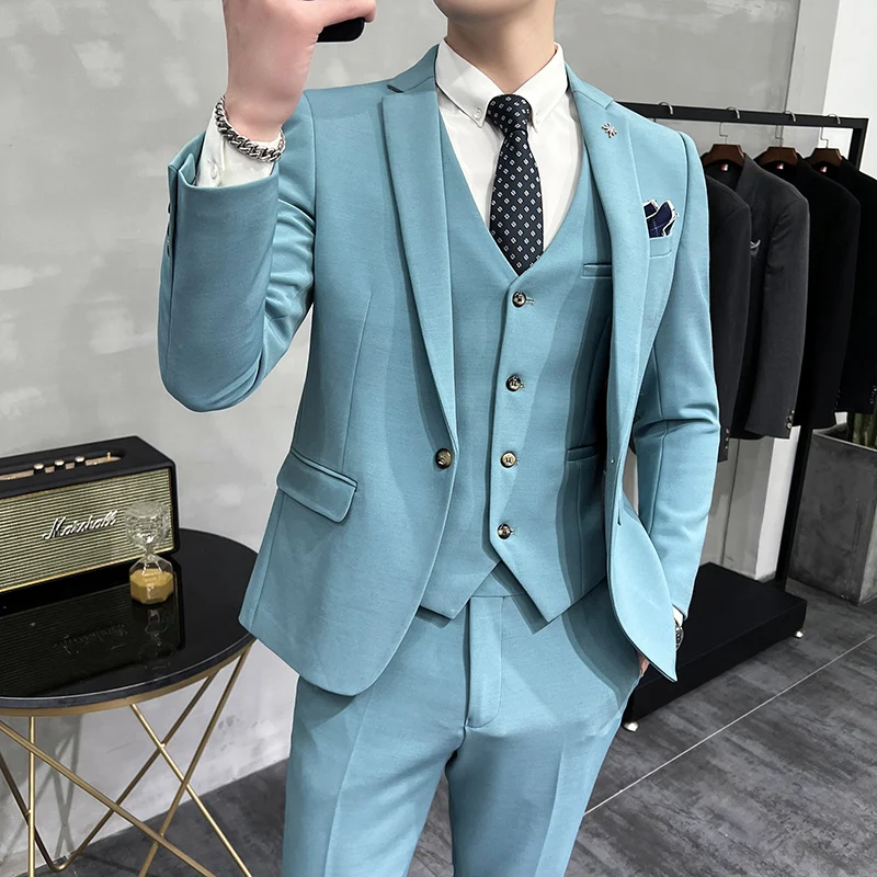 Business Men\'s Groomsmen Blazers Trousers Groom Wedding Dress Banquet Solid Color Slim Fit Suit Jacket Coat Vest Pants Set 3 Pcs