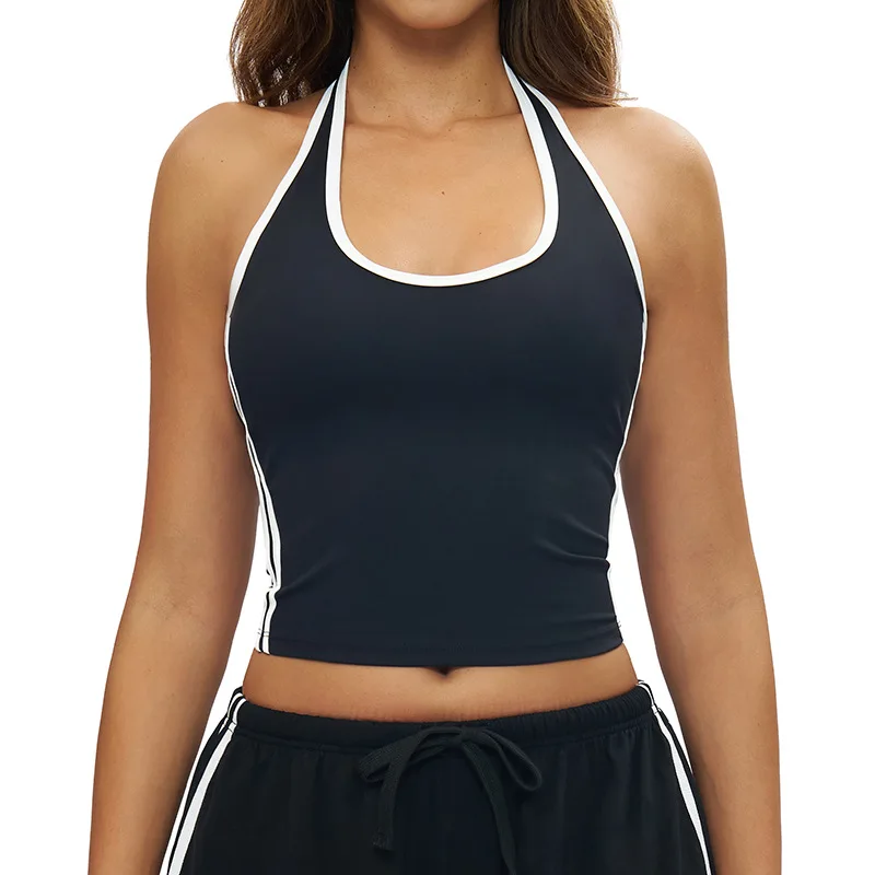 سترة يوجا نسائية جميلة برقبة معلقة، لون متباين، حواف ضيقة لليوجا، حمالة صدر رياضية للجري واللياقة البدنية في الهواء الطلق #6
