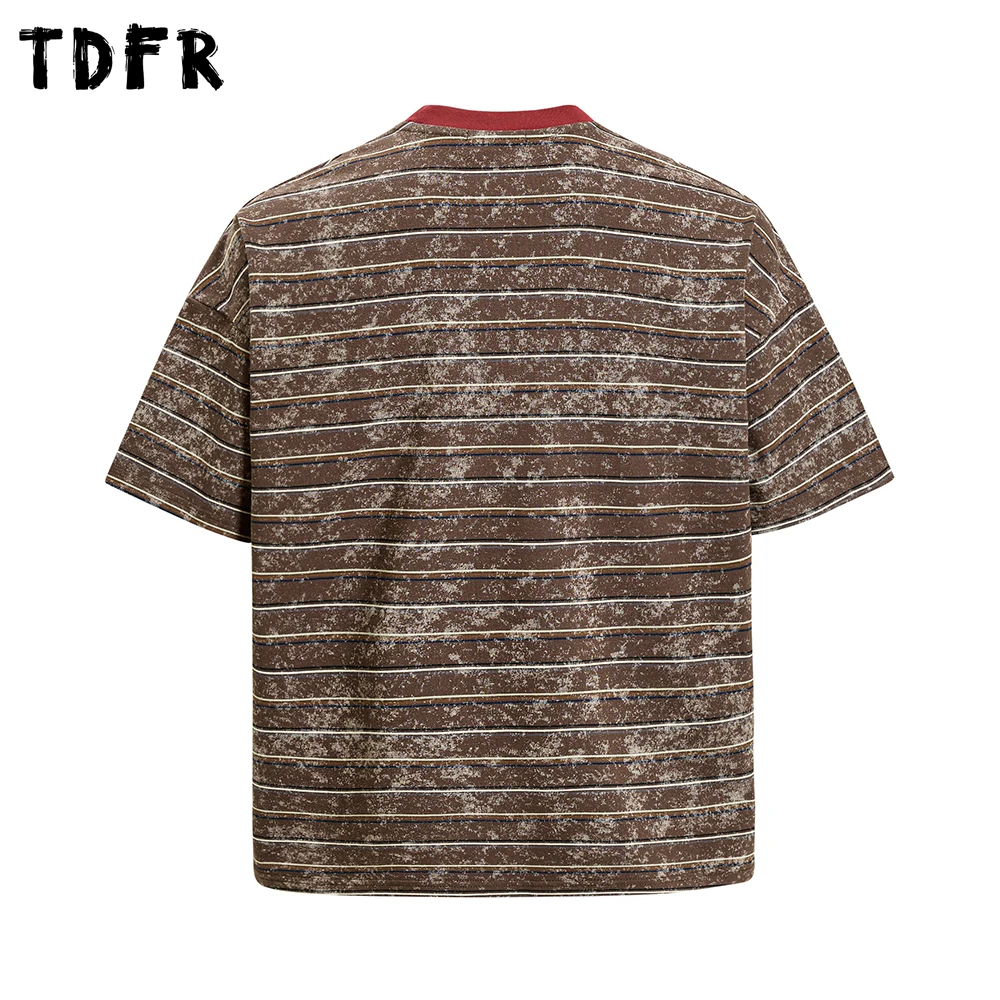 Letter Print Striped Short Sleeve T-shirt Mens Contrast Paneled Summer Retro Casual Half-Sleeve Crew Neck Cotton Tee