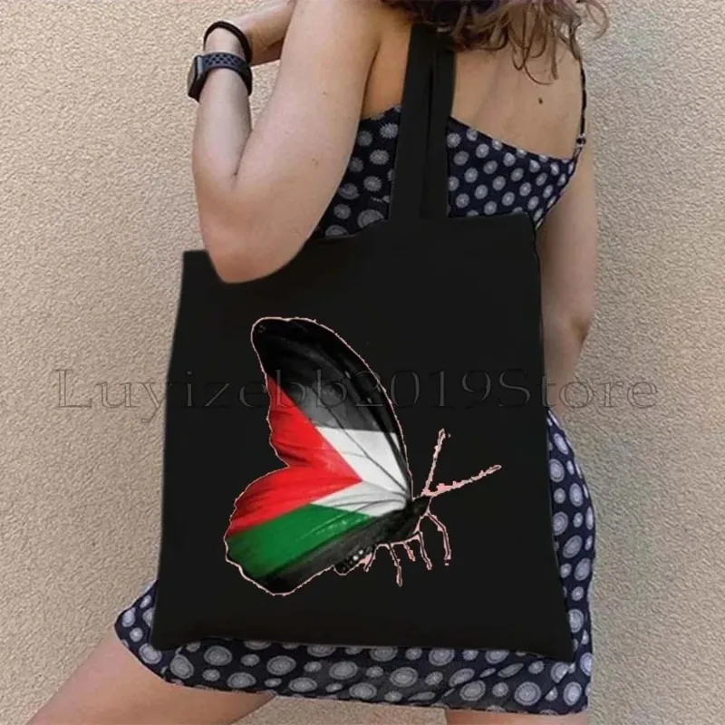 

Moon Butterfly Arabic Calligraphy Arab Folk Embroidery Tatreez Art Dome of The Rock Gifts Women Canvas Shoulder Tote Bag Handbag