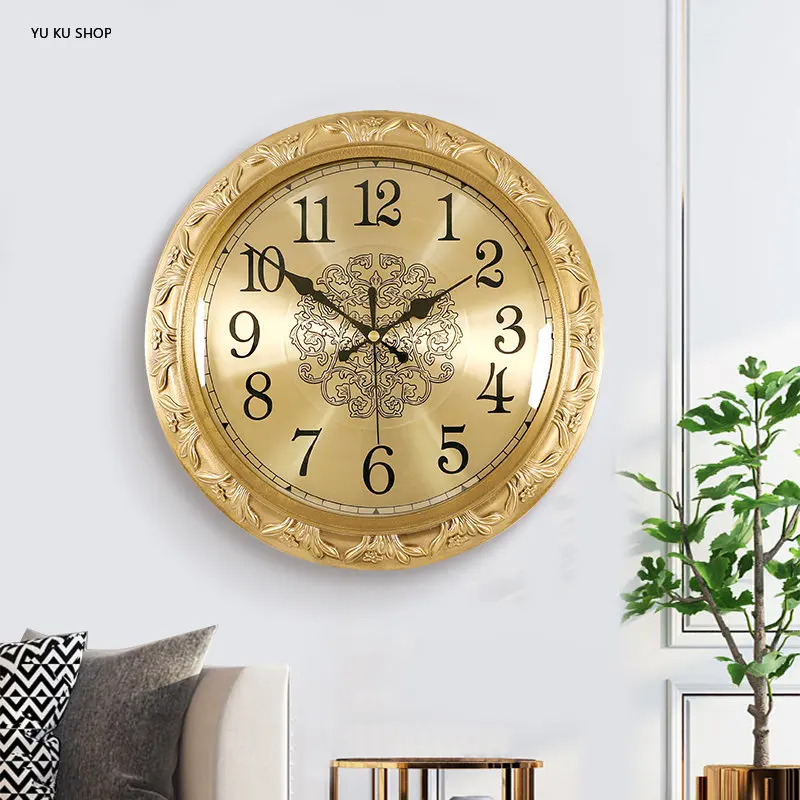 Luxury Brass Clock Wall Clock Relief Design Wall Watch Living Room Decorative Household American Style Reloj De Pared Home Decor