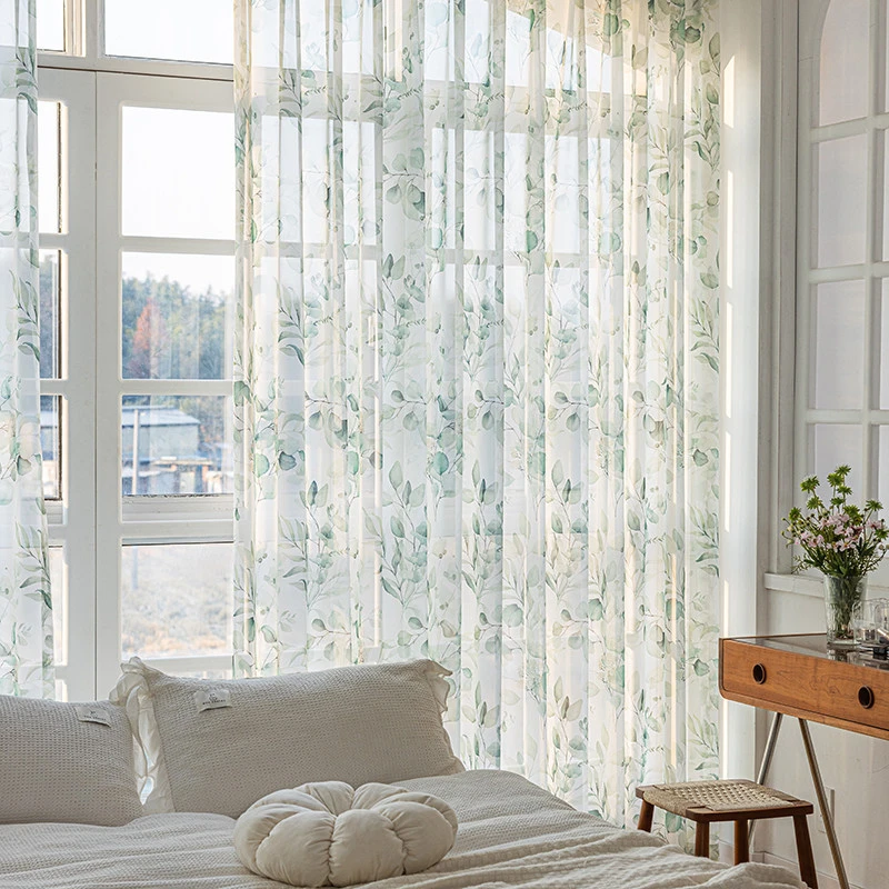 French Countryside Style Leaf Pattern Gauze Curtain Translucent Green Curtain Door Living Room Partition Decoration