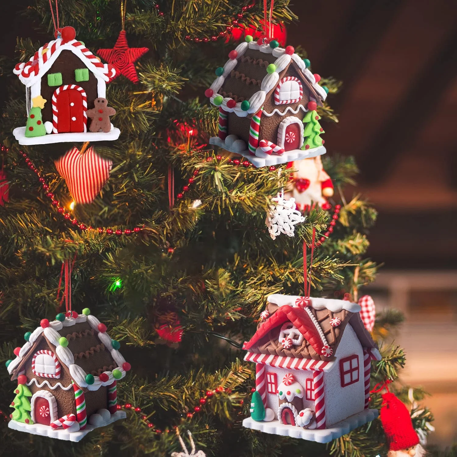 Gingerbread House Ornaments Holiday Christmas Tree Ornament Set Gingerbread Christmas Decor with Rope Gingerbread House Decor