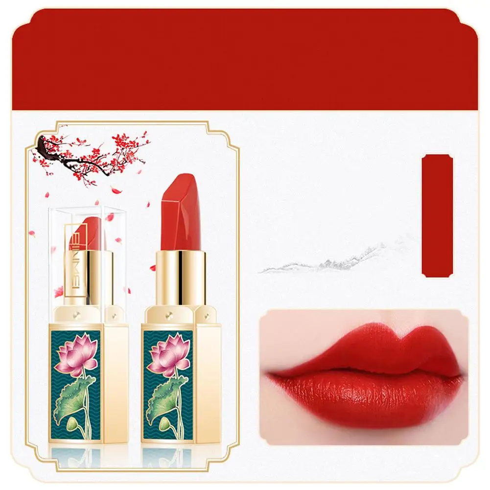 Batom de veludo matte para mulheres, batom gravado 3D, maquiagem diária, banquete de casamento, presente de cosméticos, estilo chinês, estilo étnico, D3F7