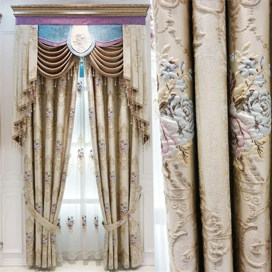 

Custom high precision jacquard European embroidery beige thick cloth blackout curtain tulle valance drape C1681