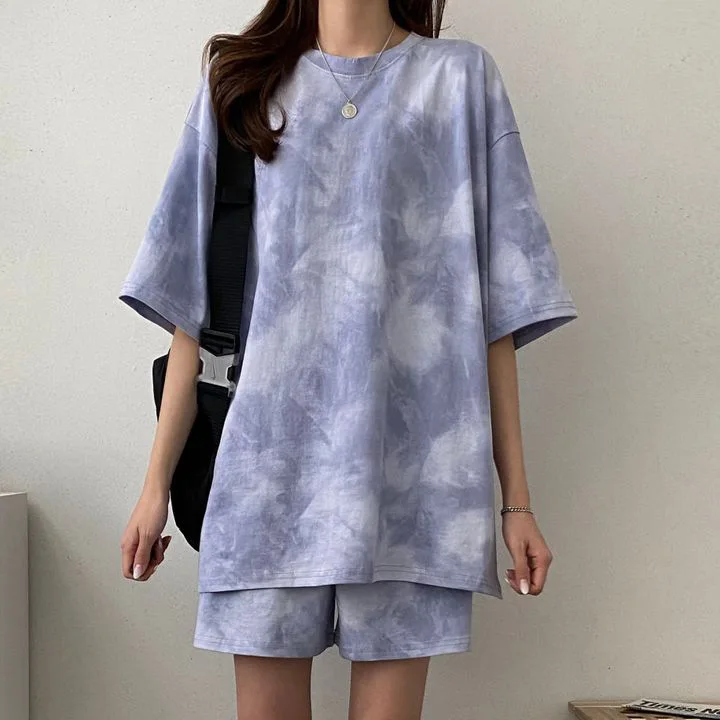 Women T-shirt Two Piece Shorts Set Tie-dye Sport Loose Mid Length Top Mini Shorts Plus Size 2 Pcs Daily Wear Top Suits Outfits