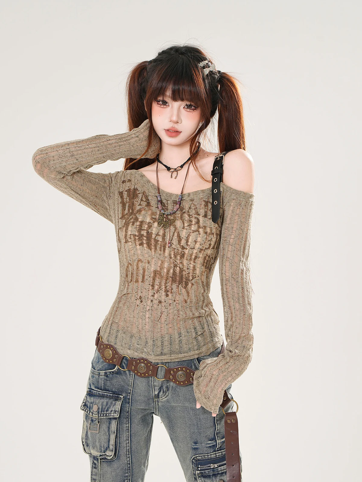 High Quality Hot Selling Wholesale Personalized Long Sleeved Spicy Girl Off Shoulder Hollowed Out T-shirt Women's Top Kawaii Y2k