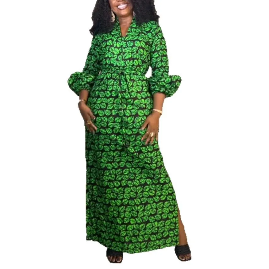 

African Print Dresses for Women Spring 2025 African Long Sleeve V-neck Red Green Long Maxi Dress Gowns Dashiki African Clothing