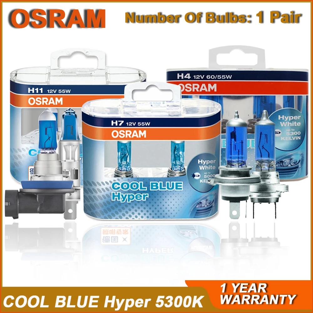 OSRAM COOL BLUE Hyper H7 H4 H1 H11 HB3 9005 HB4 9006 White Light Halogen Headlight Car Light Hi/Lo Beam 12V 55W 5300K Bulb(2PCS)