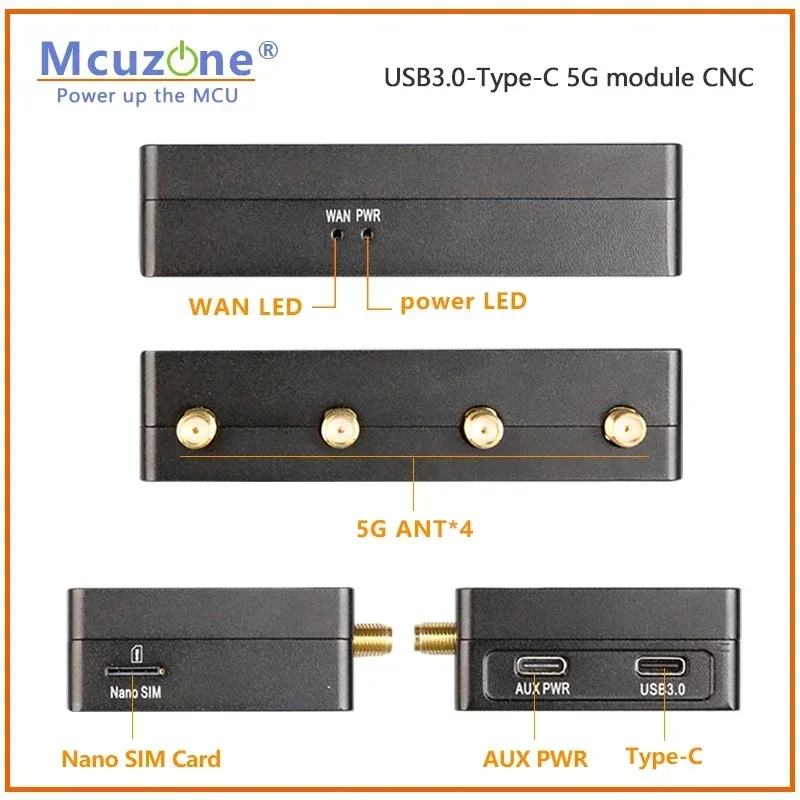 (الطراز: MR5U3C) وحدة USB3.0 Type-C 5G حافظة معدنية CNC، التوصيل والتشغيل لـ x86، Mac OS، RPi OS، ubuntu، win10/11، RM520N-GL، FM160-EAU