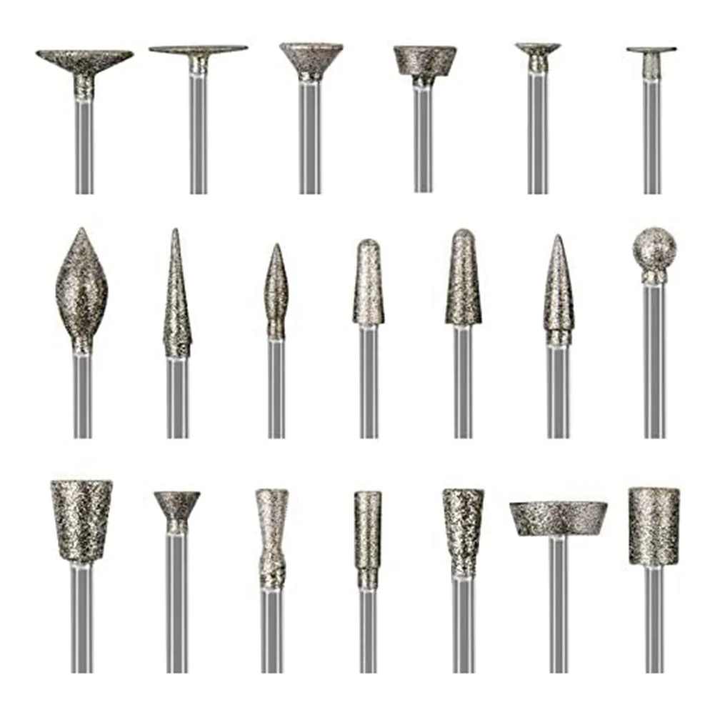 Stone Carving Set Diamond Burr Bits,20PCS Polishing Kits Rotary Tools Accessories with 1/8 Inch Shank for