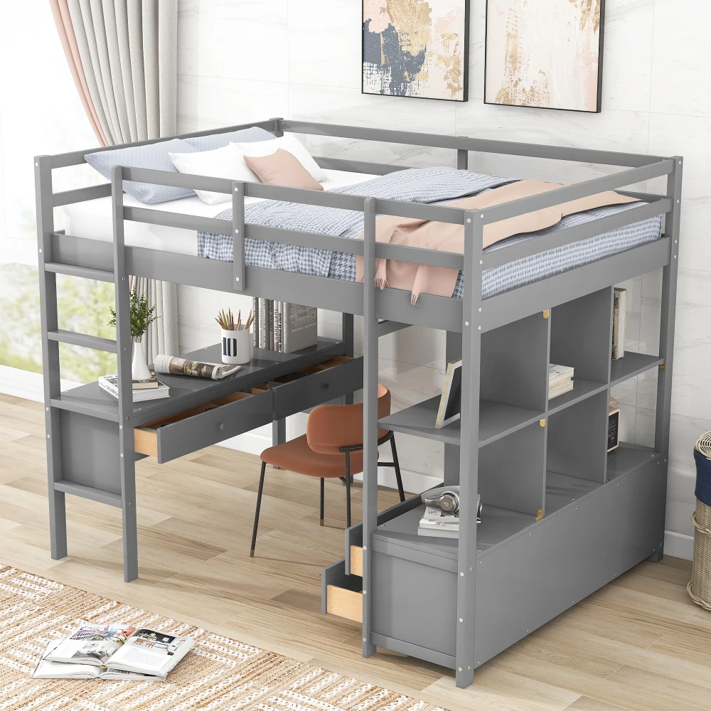 Children Beds Full Size Loft Bed with Built Desk with Two Drawers,Storage Shelves and Drawers,Gray Bunk Beds for Kids Twin Beds