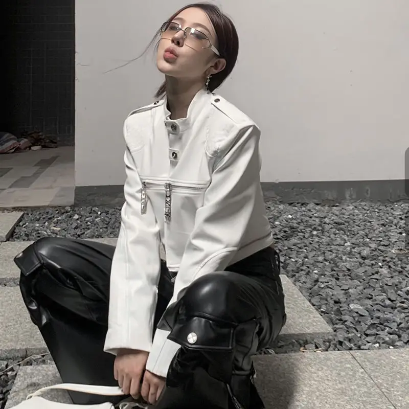 Vintage Multi-Zipper Design Spiderweb Leather Jacket for Women Spring Autumn PU Leather Coats Streetwear Cropped Top Long Sleeve