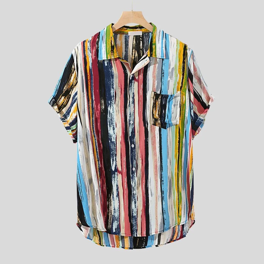 

Men's Rainbow Color Blouses With Pocket Retro Turndown Collar Short Sleeve Casual Shirts Harajuku Tops Loose Male Clothing