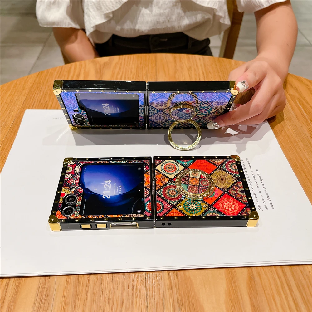 サムスンギャラクシーZフリップ5,3,6,4用の豪華で耐衝撃性の電話カバー,幾何学的なパターン,市松模様のケース