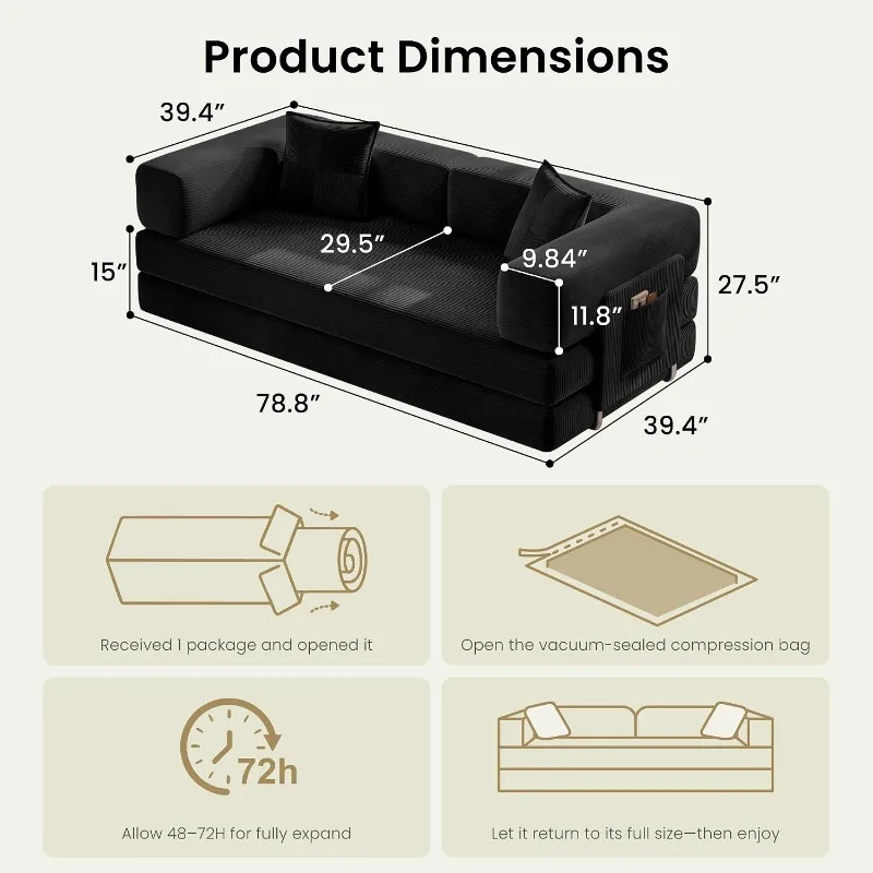 Convertible Sofa Bed,Corduroy Futon Couch with Storage Pocket,Folding Pull Out Futon Sofa, No Assembly Boneless Couch