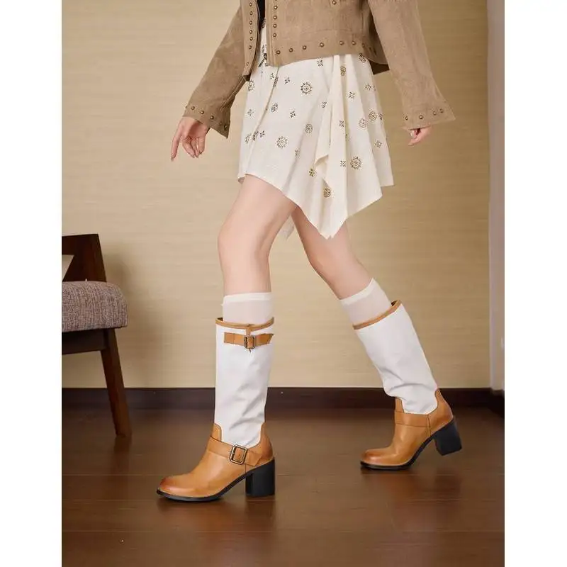 Color Block Wide Calf Knee High Boots Women 5cm Block Heel Double Buckle Burnished Cow Leather Fabric Western Boots Pigskin F53