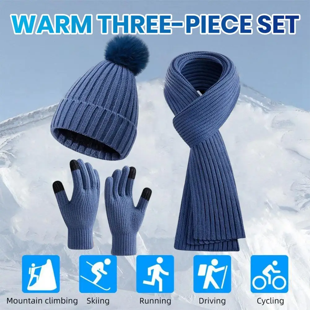 Stijl Dames Winteraccessoires Set Wintermuts Sjaal Handschoenen Set Gebreide Dikke Warme Unisex Outdoor Fietsen Muts Set met Touch