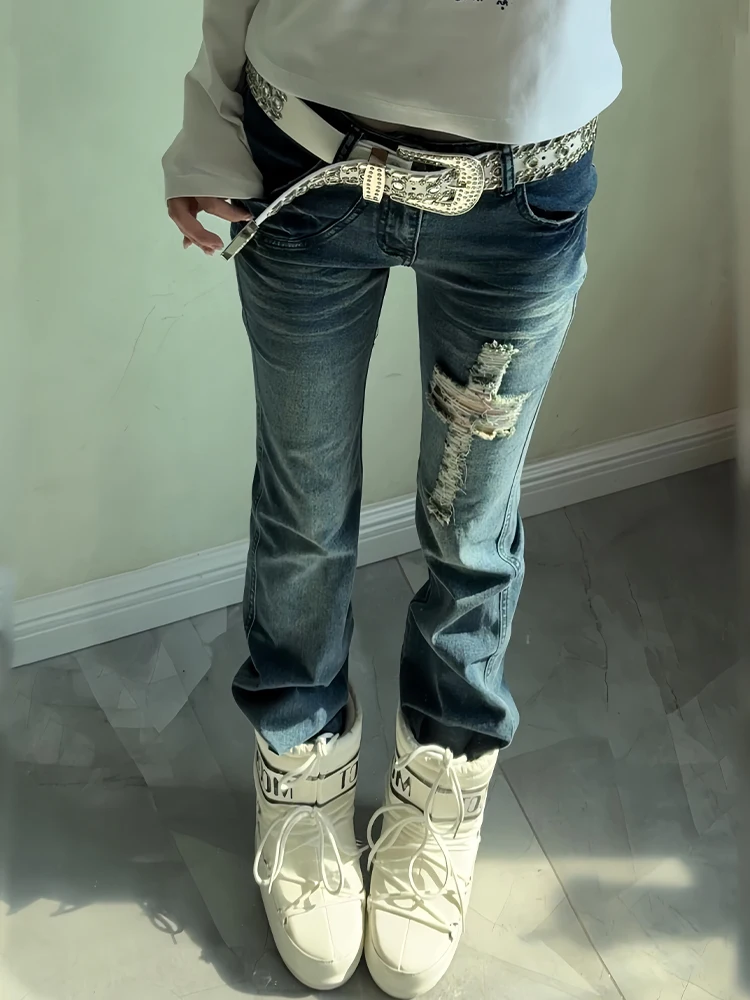 Washed American Style Hot Girl Vintage Jeans Women's Summer New Double Layer Pocket Cross Hole Micro Flared Pants