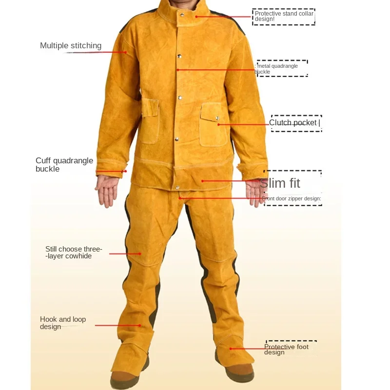 Ropa de seguridad para el trabajo, trabajo de soldadura de cuero de vaca, soldadura de arco de argón, manga larga, protector antisalpicaduras de arco, traje de ropa de cuero de vaca