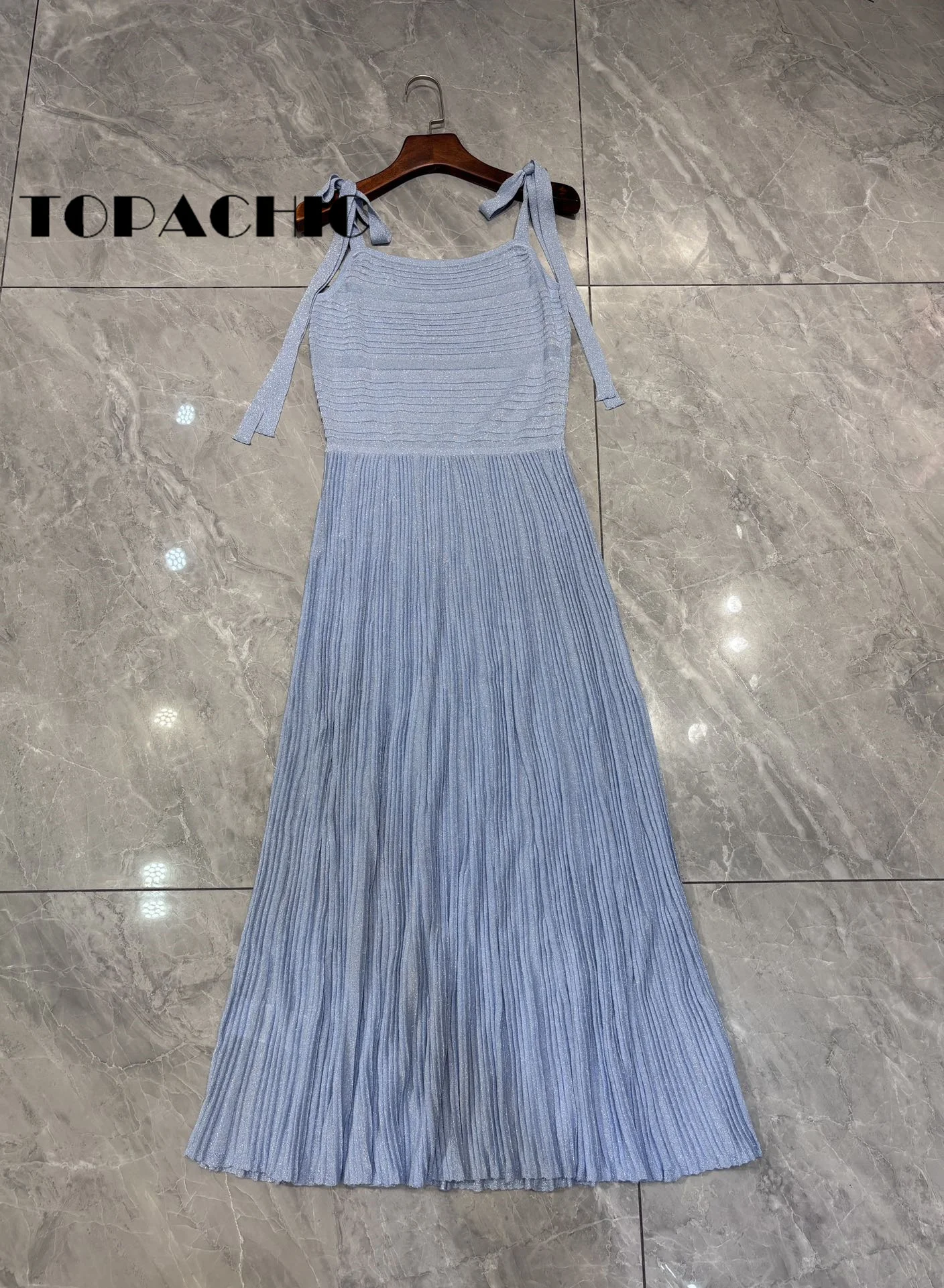 7.1 TOPACHIC Women Fashion Sexy Bowknot Suspender Knitted Dress Elegant Slash -Seck High Waist Pleated Midi Dress