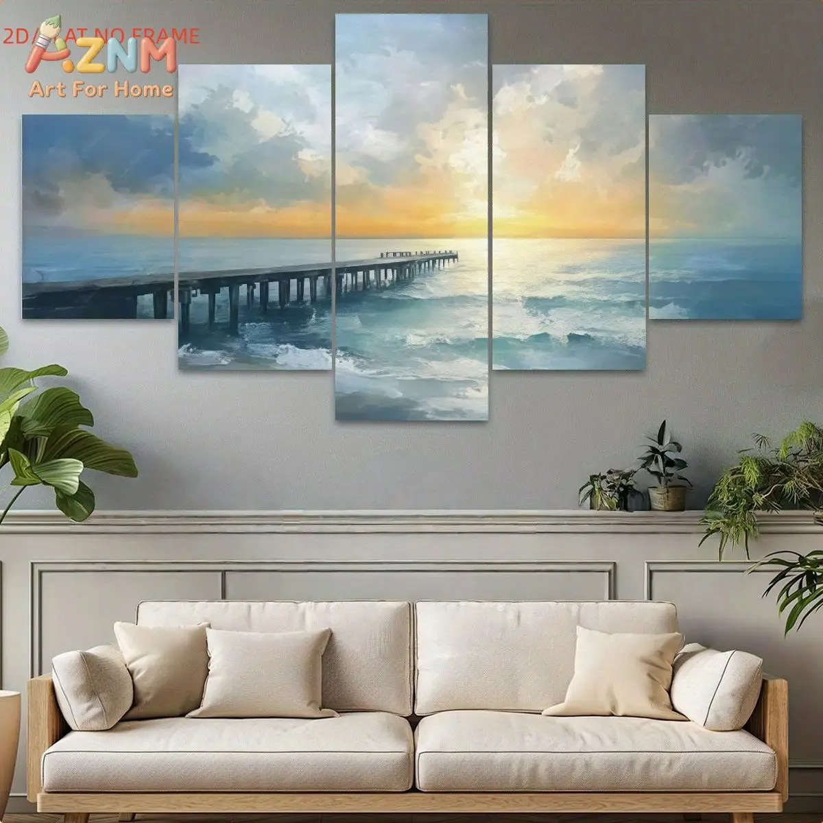 Un ensemble de 5 impressions sur toile sans cadre sur le thème côtier serein, impression haute définition, adapté à la décoration intérieure, Liv