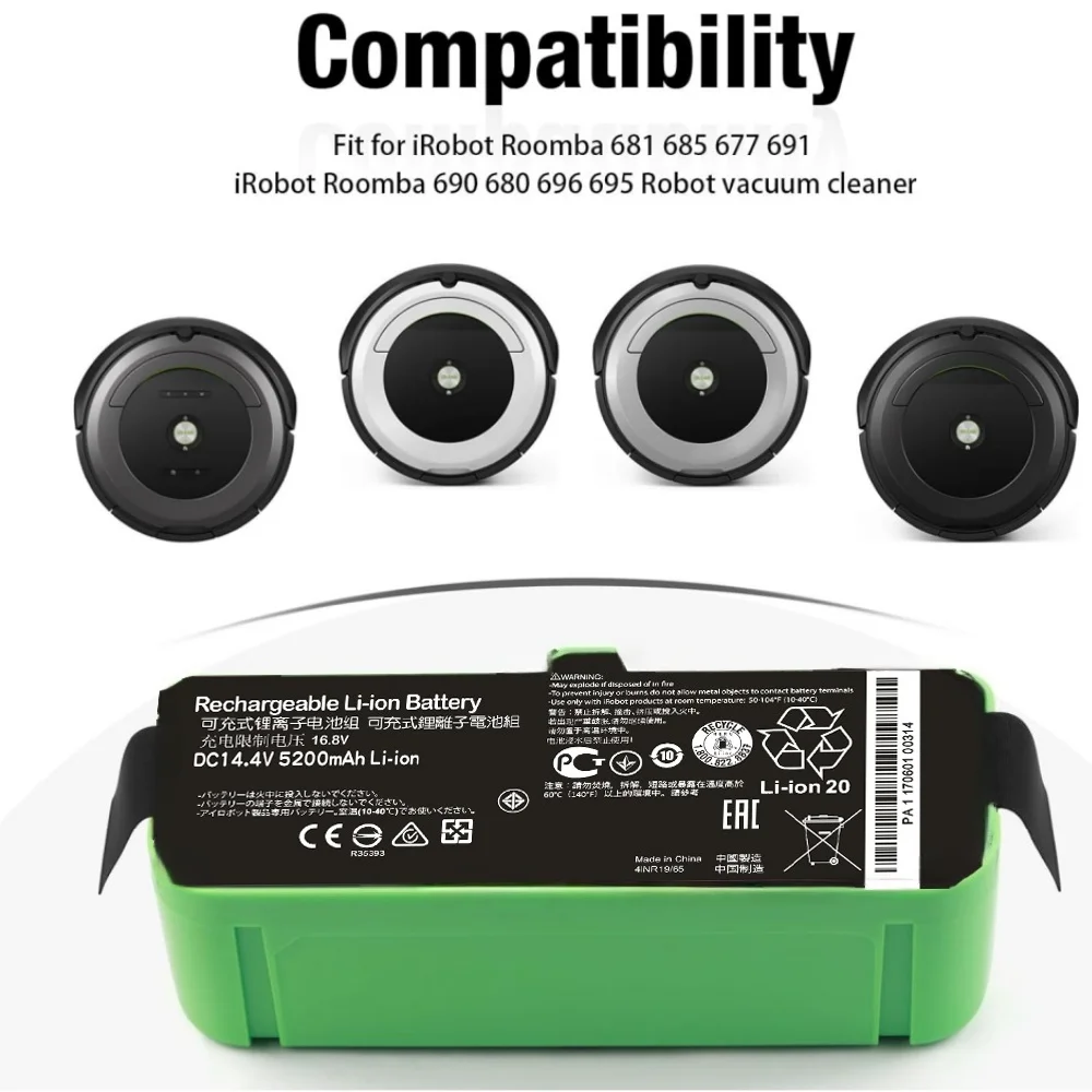

5200mAh High Capacity Lithium Ion Battery for iRobot Roomba 960/980/981 895/860 695/692 900-600 Series Vacuum Cleaner.