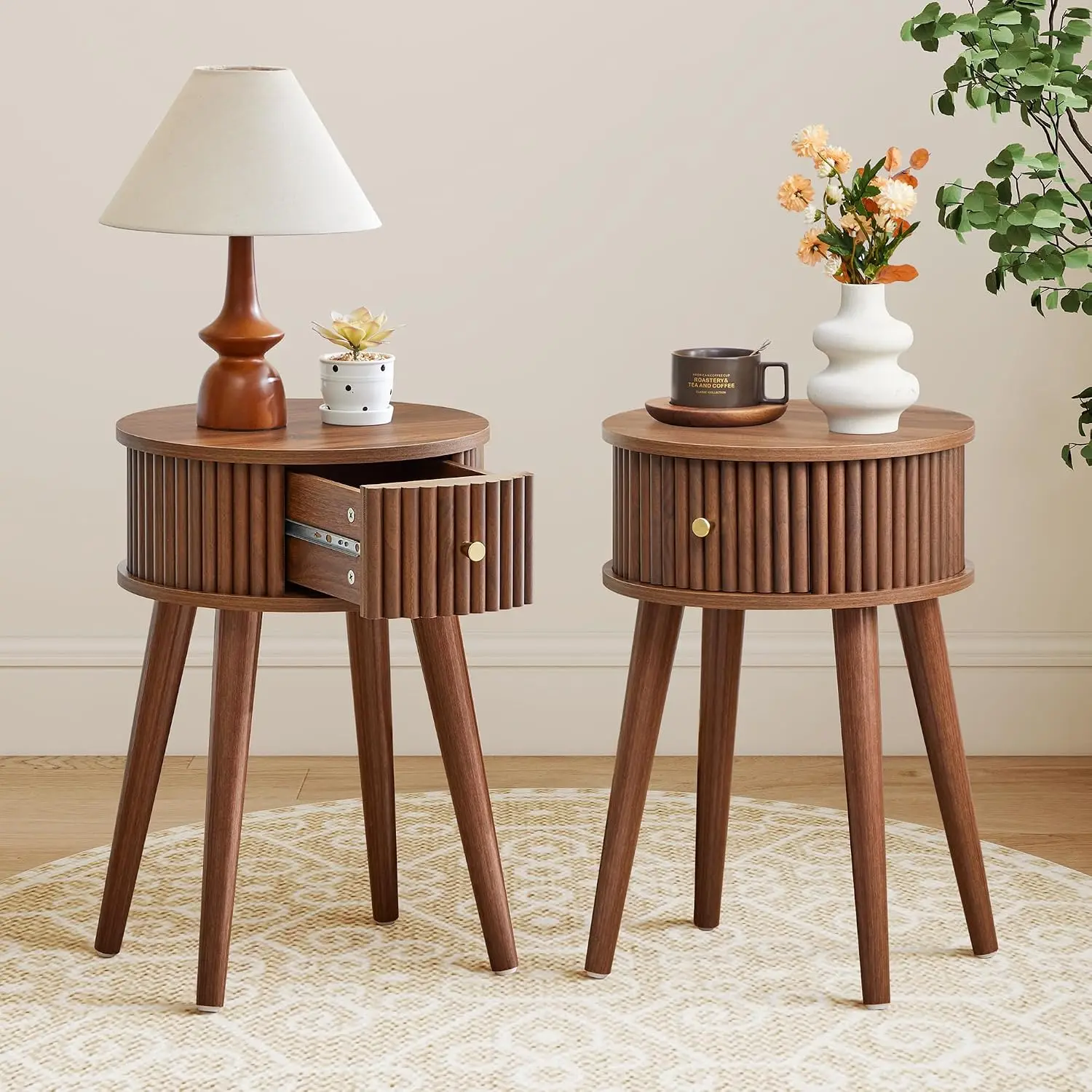 Round Fluted Side Table Set of 2, Small End Table with Fluted Drawer, Mid-Century Modern Wooden Bedside Table Round Nightstand S